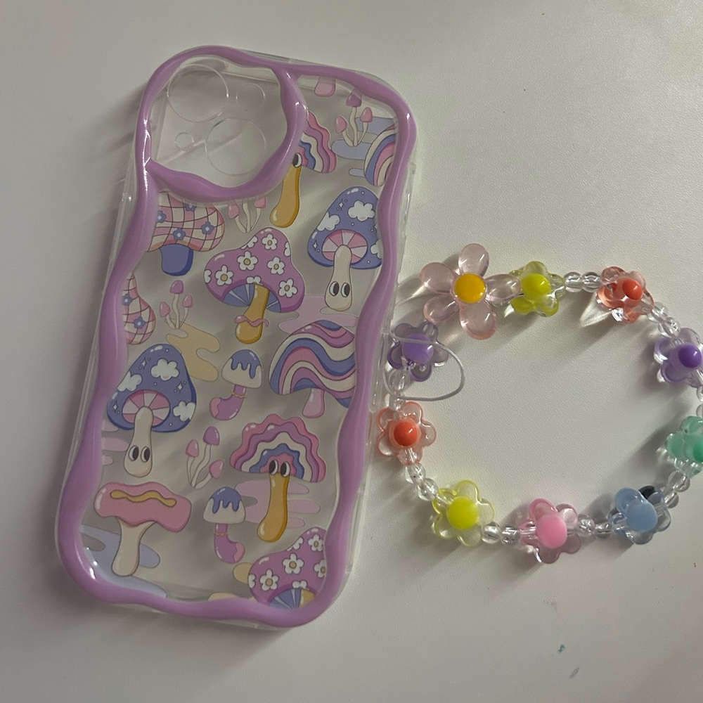 Colorful Mushroom iPhone 14 Case and Flower Bracelet Strap
